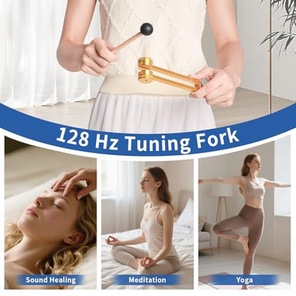 Energy Sound Relaxation Tuning Forks Kit-128Hz, Sound Therapy Tools, Non-Magnetic Aluminum Alloy, for Hearing Tests, Special Tuning Hammer for Ear Cleaning，Meditation Tool with Travel Case（Gloden） - color: Gloden