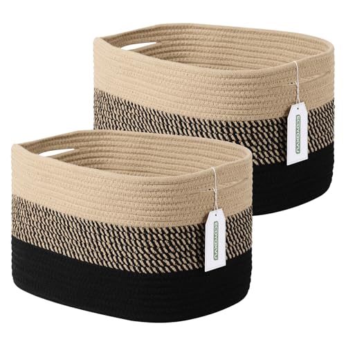 ECDYQXVU Cotton Rope Storage Basket, 15x10x9 Inches, Woven Basket for Shelves, Clothes, Towels, Books, and Laundry, Gradient Black/Brown (2 Pack) - color: Gradient Black/Brown, size: 2 Pack
