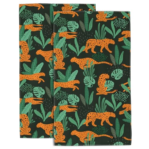 Cheetah Hand Towels Set of 2 for Bathroom - Tropical Leaves, Soft Absorbent Decorative for Kitchen, Sports, Gym, Yoga, Home Decor - 14 x 28 in - color: Cheetah