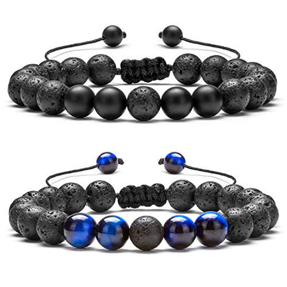 Men Women 8mm Lava Rock Aromatherapy Anxiety Essential Oil Diffuser Bracelet Braided Rope Natural Stone Yoga Gifts Beads Bracelet Bangle-21017 - style: Blue Tiger Eye & Matte Agate