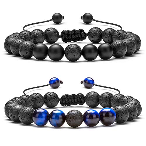 Men Women 8mm Lava Rock Aromatherapy Anxiety Essential Oil Diffuser Bracelet Braided Rope Natural Stone Yoga Gifts Beads Bracelet Bangle-21017 - style: Blue Tiger Eye & Matte Agate