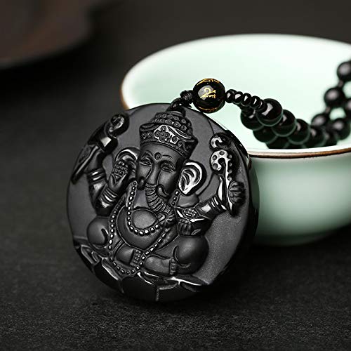 Natural black obsidian rainbow obisidan ice obsidian Maitreya launghing buddha necklace Amulet pendant bead chain - color: Ganesha elephant 2