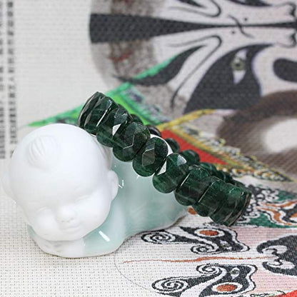 Keleny Semi Precious Stones 14mm Faceted Oval Beads Crystal Rock Elastic Bangle 7.5 Inch - color: Dark Green African Jade