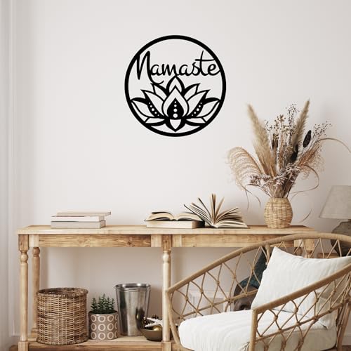 Namaste Lotus Flower Wall Hanging – Handmade Yoga Inspired Metal Décor, Boho Spiritual Artwork for Meditation Room, Mindfulness Studio, or Peaceful Home Accent - size: 18"