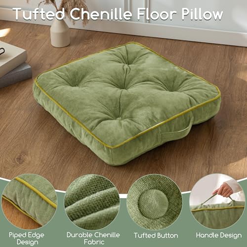 HIGOGOGO Large Floor Pillow Cushion for Adults, Meditation Cushion Pillow with Handle, Lustrous Chenille Tufted, Square Floor Sitting for Tatami Living Room or Yoga, 22x22 Inch, Green