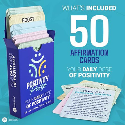 Briston Positivity Pulse Affirmation Cards for Mindfulness and Self Care – 50 Daily Positive Quote Cards for Motivation, Anxiety Relief, Gratitude, Mental Health, Confidence, and Personal Growth