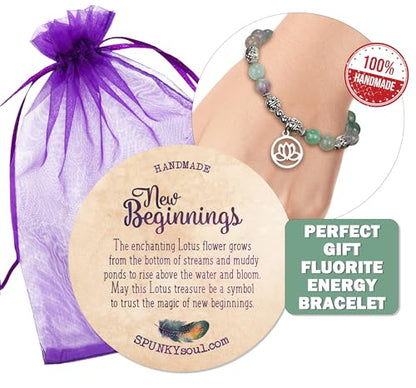 SPUNKYsoul Lotus Crystal Fluorite Healing Energy Bead Bracelet for Women Stainless Steel and Alloy
