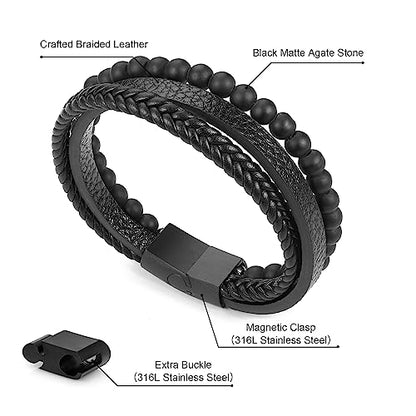 FOCOOG Leather Bead Bracelets for Men, Natural Tiger Eye Lava Rock Stone Bead Magnetic Clasp Adjustable Leather Bracelets Stress Relief Mens Anxiety Bracelet Mens Jewelry Gifts - style: Black Leather-Matte Agate Bead