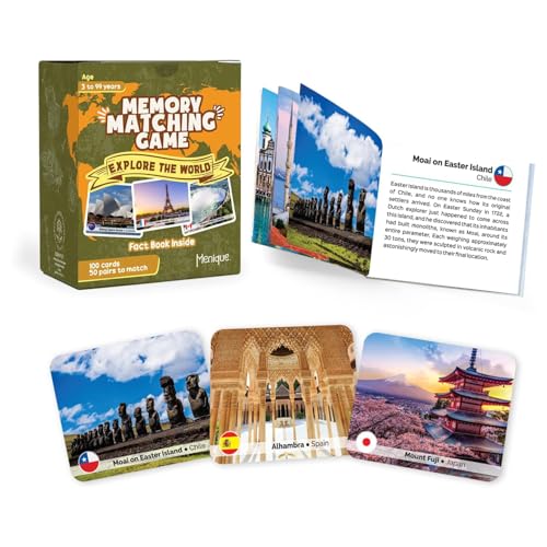 Menique Explore the World Memory Matching Game – 100 Cards (50 Pairs) with Famous Landmarks from 50 Countries – Includes Flag, Country & Place – Educational Geography Game + Informative Booklet - style: Explore the World