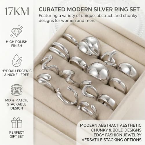 16 PCS Gold Chunky Rings Set for Women, 14k Gold Plated Thick Dome Stackable Open Rings Trendy Dainty Minimalist Jewelry Gifts - color: 02-Silver