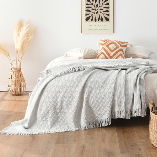 100% Cotton Waffle King Blanket with Fringe 104"x90", Pre-Washed Waffle Weave Blanket for All Season, Lightweight Breathable Soft Cozy Throw Blanket for Couch, Bed, Travel (Light Grey) - color: Light Grey, size: King-104'' x 90''