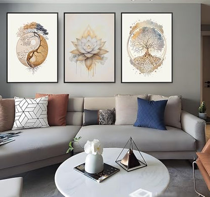 3PCS Tree of Life Cnavas spiritual Wall Art Boho Sacred Geometry Posters Print Art Lotus Zen Pictures Wall Decor Abstract Yin Yang Fall feng Shui Artwork for Living Room Yoga Room Bedroom Home Decoration16*24 in ( Poster No Frame)