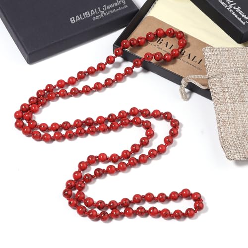 Beaded Necklace Hand Knotted for Woman - color: Red Turquoise