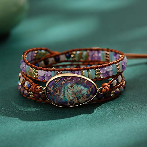 Women Boho Handmade Natural Stone Crystal Leather Bead Wrap Bracelets Collection - style: Blue Purple 3W
