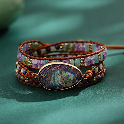 Women Boho Handmade Natural Stone Crystal Leather Bead Wrap Bracelets Collection - style: Blue Purple 3W