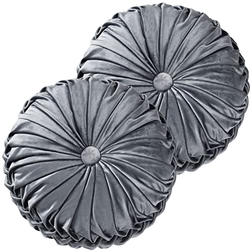 HIG Set of 2 Decorative Round Pleated Throw Pillows, Classy Accent Pumpkin Throw Pillows with Center Button, Vintage Velvet Floor Pillows for Sofa Vanity Chair Bed, Dark Gray, 14.5" Diameter(Ripple) - color: R - Dark Gray