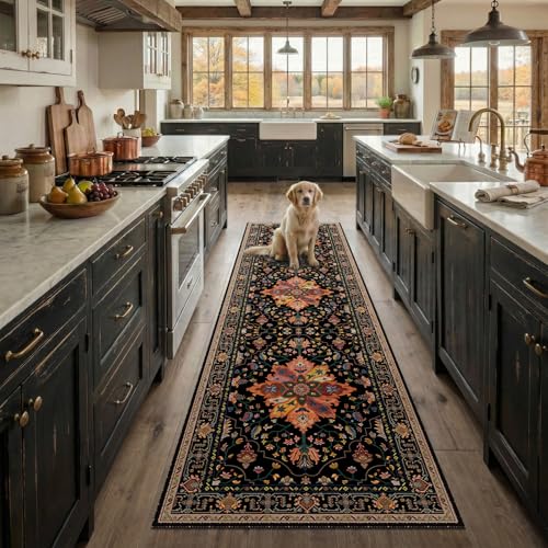 RELEANY Area Rugs Runner 2'x8' Washable Non-Slip, Floral Vintage Distress Medallion Carpet for Kitchen Hallway Bedroom Beside Laundry Room Bathroom, Black Colorful Floral Dark Tan - color: Black/Colorful, size: 2' X 8' (Runner)