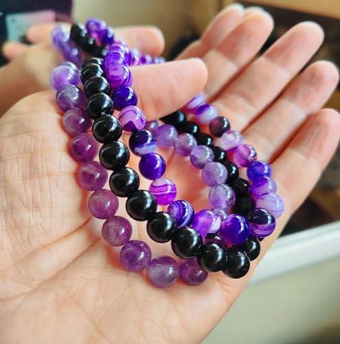 WFJ Black Obsidian Hematite Triple Protection Bracelets Set - Tiger Eye Beaded Natural Stone Bracelet for Men Women Gemstone (10MM) - color: Amethyst Set