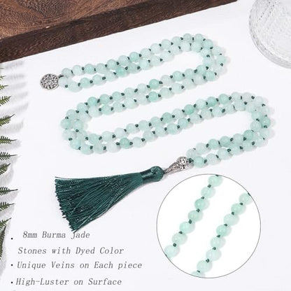 108 Mala Beads Necklace Semi-Precious Gem Stones Meditation Necklace 108 Hand Knotted Japa Mala Beaded Tassel Necklace with Tree of Life Pendant - color: Aventurine