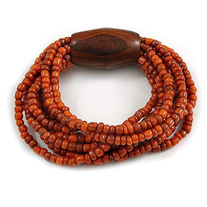 Avalaya Multistrand Dusty Orange Glass Bead with Brown Wooden Bead Flex Bracelet - Medium