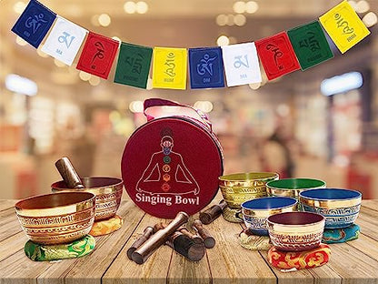 Khusi Tibetan Singing Bowl Set of 7, Handmade, 7 Colors, Chakra Healing, Relaxation, Stress Relief, Comes with Silk Cushions, 4 Sticks and Brocade Box