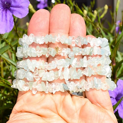 Zenergy Gems Charged Premium Natural Crystal Chip Bead Bracelet + Moroccan Selenite Charging Crystal [Included] - color: Aquamarine