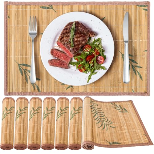Eorbow 8 Pack Bamboo Placemats, 18 x 12 Inch Anti-Slip Table Mats, Heat Resistant Place Mats, Japanese Style Washable Placemats for Dining Room, Kitchen, Restaurant