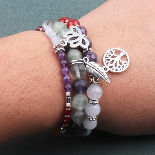 Tree of Life Yoga Healing Stone Bracelets,Multilayer Lotus Chakra Stone Reiki Bracelet Sets,Anxiety Crystal Natural Stone,for Women Stress Relief - style: chakra+green fluorite