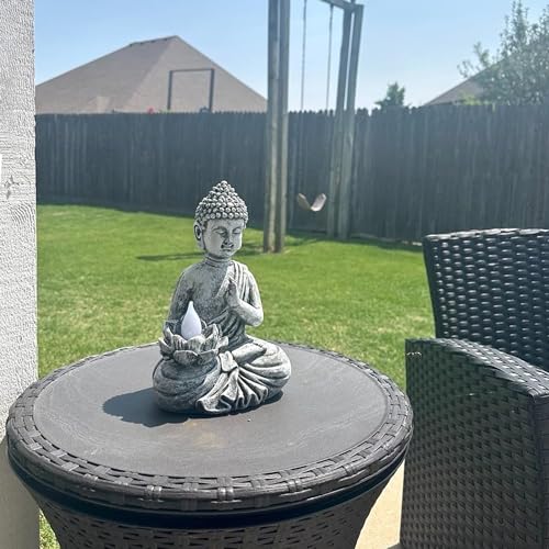 Solar Buddha Statue - Outdoor Zen Sculpture With Flickering LED Lotus Light - Waterproof Garden Decor Gift - 11.81 Inch