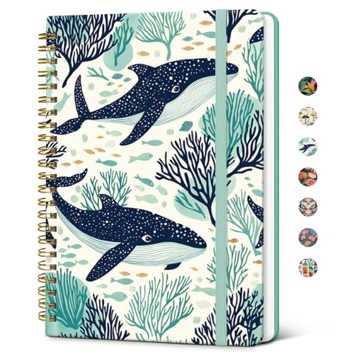 Taja Lined Spiral Journal Notebook for Women, A5 Cute College Ruled Hardcover Notebook for Work & Note Taking, Pretty Journal for Writing, 140 Pages, Drifting Whales - color: o-Drifting Whales