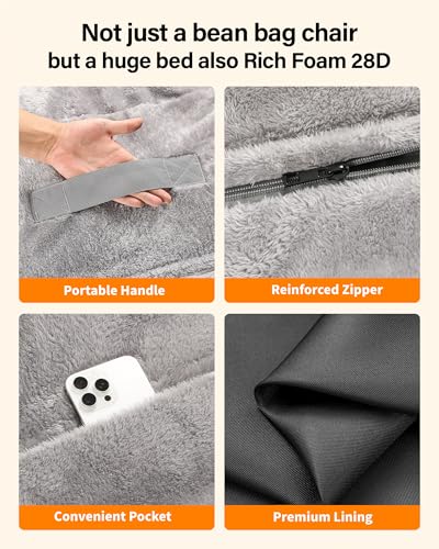 YEFU Bean Bag Chair for Adults: 4-in-1 Convertible Giant Bean Bag Bed, Overstuffed Memory Foam Floor Couch with Two Machine Washable Covers, Large Chair Bed for Living Room Bedroom, Full Grey - size: Full