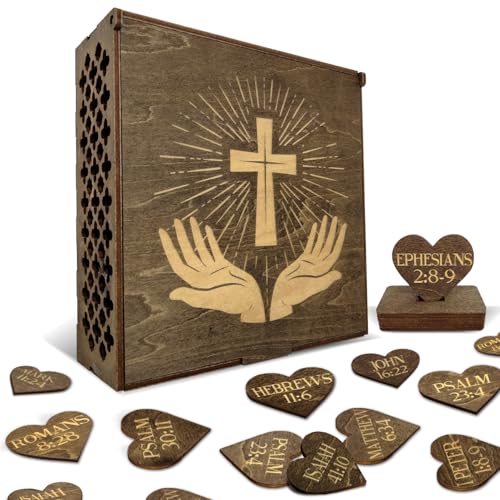 Biblical Affirmations Box | Christian Themed Engraved Wood Box with 72 Scripture Affirmation Heart Cutouts | Daily Motivational Religious Gift - style: Cross & Bible Verses