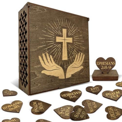 Biblical Affirmations Box | Christian Themed Engraved Wood Box with 72 Scripture Affirmation Heart Cutouts | Daily Motivational Religious Gift - style: Cross & Bible Verses