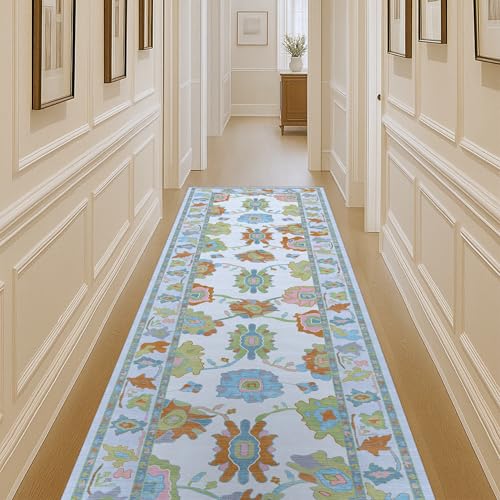 Fame Living Colorful Oushak Runner Rug, Modern Runners, Vintage, Turkish, Eclectic, Floral, Pastel, Washable, Runner for Hallway, Kitchen, Bedroom, Bathroom, 2'5"x9'8" - color: Cream Terra, size: 2'6" x 9'10" (Rectangular)