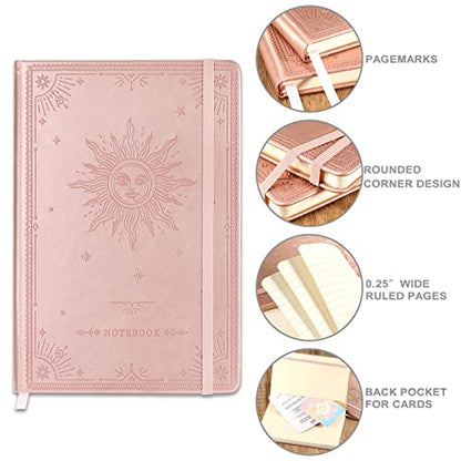 Artfan Ruled Notebook/Journal – Premium Thick Paper Faux Leather Classic Writing Notebook with Pocket + Page Dividers Gifts, Banded, Large, 144 Pages, Hard Cover, Lined (5.8 x 8.4) - The Sun - color: Rose Gold