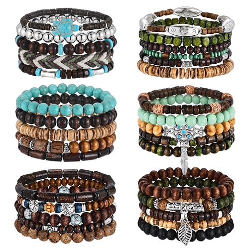 31 Pcs Wooden Beads Bracelets Set for Women Men Multi-Layered Wood Metal Wristbands Elastic Stretch Bohemian Bangle Bracelet Stack Adjustable