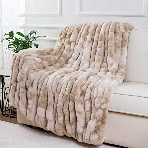 BATTILO HOME Ruched Luxury Faux Fur Throw Blanket Beige Tie-dye Rabbit Fur Blanket for Couch, Living Room, Fuzzy, Soft, Plush, Cozy, Elegant with Reversible Mink Blanket Beige, 60"x80" - color: Beige, size: 60"x80"