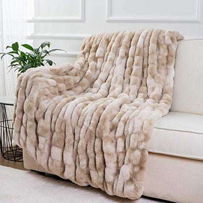 BATTILO HOME Ruched Luxury Faux Fur Throw Blanket Beige Tie-dye Rabbit Fur Blanket for Couch, Living Room, Fuzzy, Soft, Plush, Cozy, Elegant with Reversible Mink Blanket Beige, 60"x80" - color: Beige, size: 60"x80"