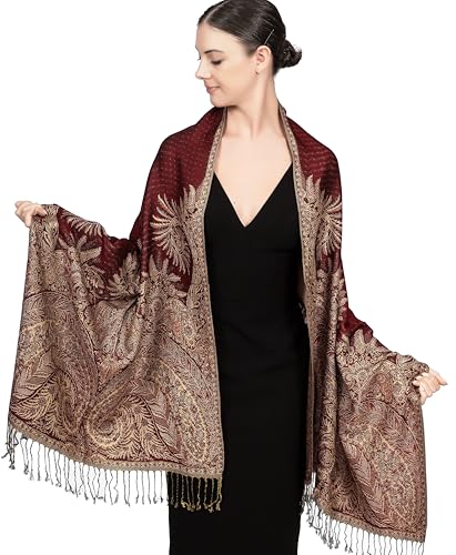 Achillea Reversible Paisley Pashmina Rave Scarf – Exotic Indian Shawls and Wraps for Evening Dresses, Festivals, All Seasons - color: Big Paisley Burgundy