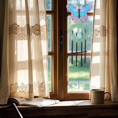 Butterfly Wind Chimes for Outside, Stained Glass Wind Chime Windchimes for Patio, Outdoor,Garden,Yard,Coastal,Window,Home Decor or Gifts for Women(Blue & Red)
