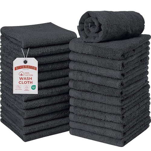 RIVERSIDE Pack of 24 Wash Cloths for Showering, 12 x 12 Inches, Super Soft & Absorbent, 100% Cotton Washcloths Premium Quality Flannel Face Cloths for Bathroom, Gym, Spa (Dark Gray, 24 Pack) - color: Dark Gray