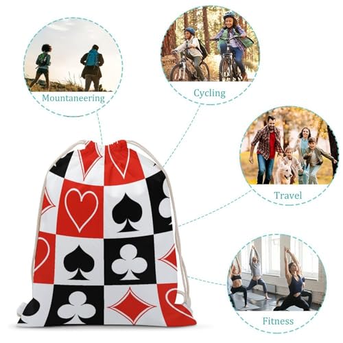 Suits Hearts Diamonds Clubs Spades Grid Poker Playing Cards Portable Canvas Drawstring Backpack with Drawstring Pockets 30x40cm - color: Suits Hearts Diamonds Clubs Spades Grid Poker, size: 30x40cm