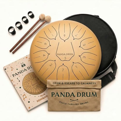 Panda Drum Plus (Sandstone) | Steel Tongue Handpan with Music Book, Mallets, Carrying Bag, Finger Picks | 11 inch, 432 Hz | Rain Drum for Inside, Outside | Calming Musical Instrument for Adults, Kids - color: 2-Sandstone