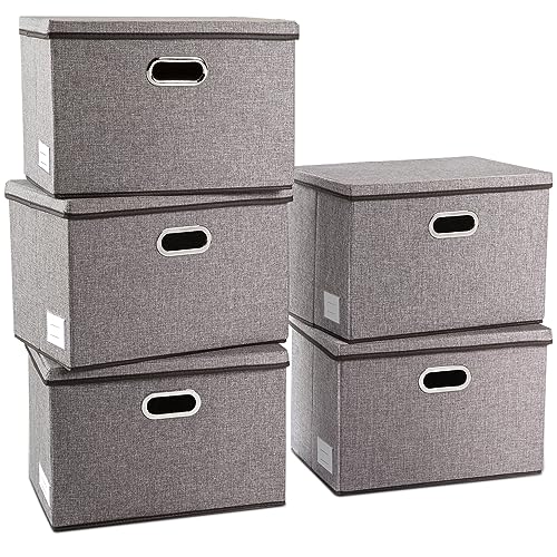 PRANDOM Large Collapsible Storage Containers with Lids [5-Pack] Linen Fabric Foldable Storage Bins Boxes Organizer Baskets Cube with Cover for Home Bedroom Closet Office Nursery (17.7x11.8x11.8) - color: Gray, size: L(5-Pack)