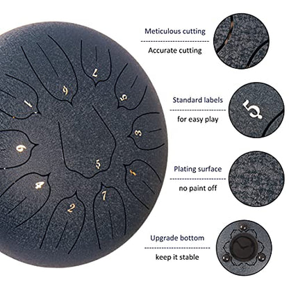 Steel Tongue Drum 12 Inch 11 Notes for Adults - Ethereal Metal Instrument for Meditation & Yoga with Music Book, Mallets & Carry Bag (Navy) - color: Dark Blue