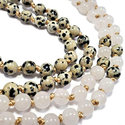 108 Bead Japa Mala Necklace – Dalmatian Jasper & Snow Quartz – Handmade Yoga Meditation Jewelry – Old Gold Silk Tassel – USA Artisan Crafted