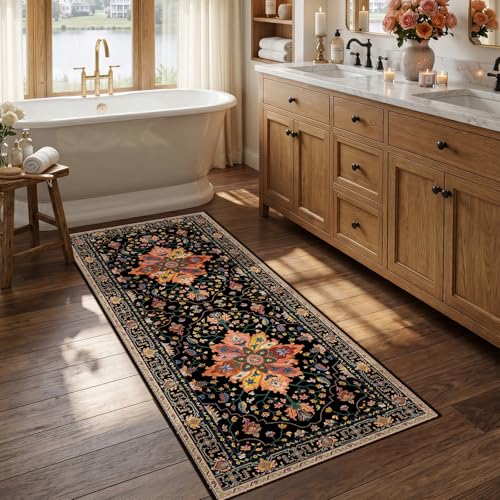 RELEANY Area Rugs Runner 2'6"x5' Washable Non-Slip, Floral Vintage Distress Medallion Carpet for Kitchen Hallway Bedroom Beside Laundry Room Bathroom, Black Colorful Floral Dark Tan - color: Black/Colorful, size: 2'6" X 5' (Runner)