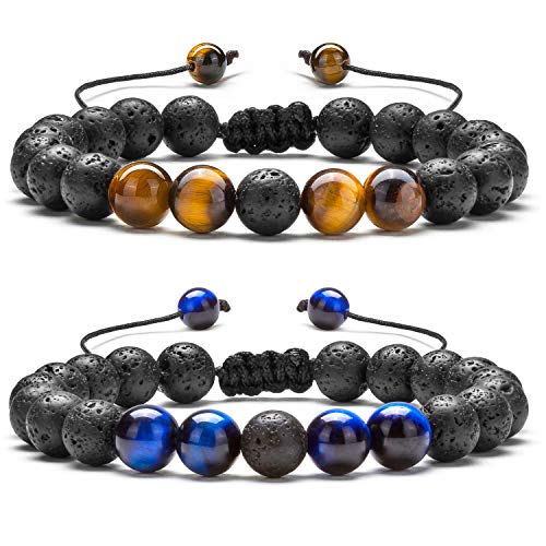 Men Women 8mm Lava Rock Aromatherapy Anxiety Essential Oil Diffuser Bracelet Braided Rope Natural Stone Yoga Gifts Beads Bracelet Bangle-21017 - style: B-Tiger Eye & Blue Tiger Eye