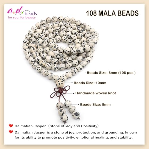 AD Beads 6mm 8mm 108 Prayer Mala Jasper Elastic Bracelet - Handmade Yoga Meditation Healing Power Energy Gifts for Unisex Adult. - color: Dalmatian Jasper (Positivity)