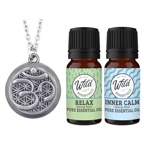 Wild Essentials Pewter Aum Essential Oil Diffuser Necklace Gift Set with Inner Calm & Relax Oils – Nickel Free Alloy Pendant with 12 Color Pads – USA Made Oils & Perfume Necklace – Family Company - color: Pewter Aum, size: 2 Oils